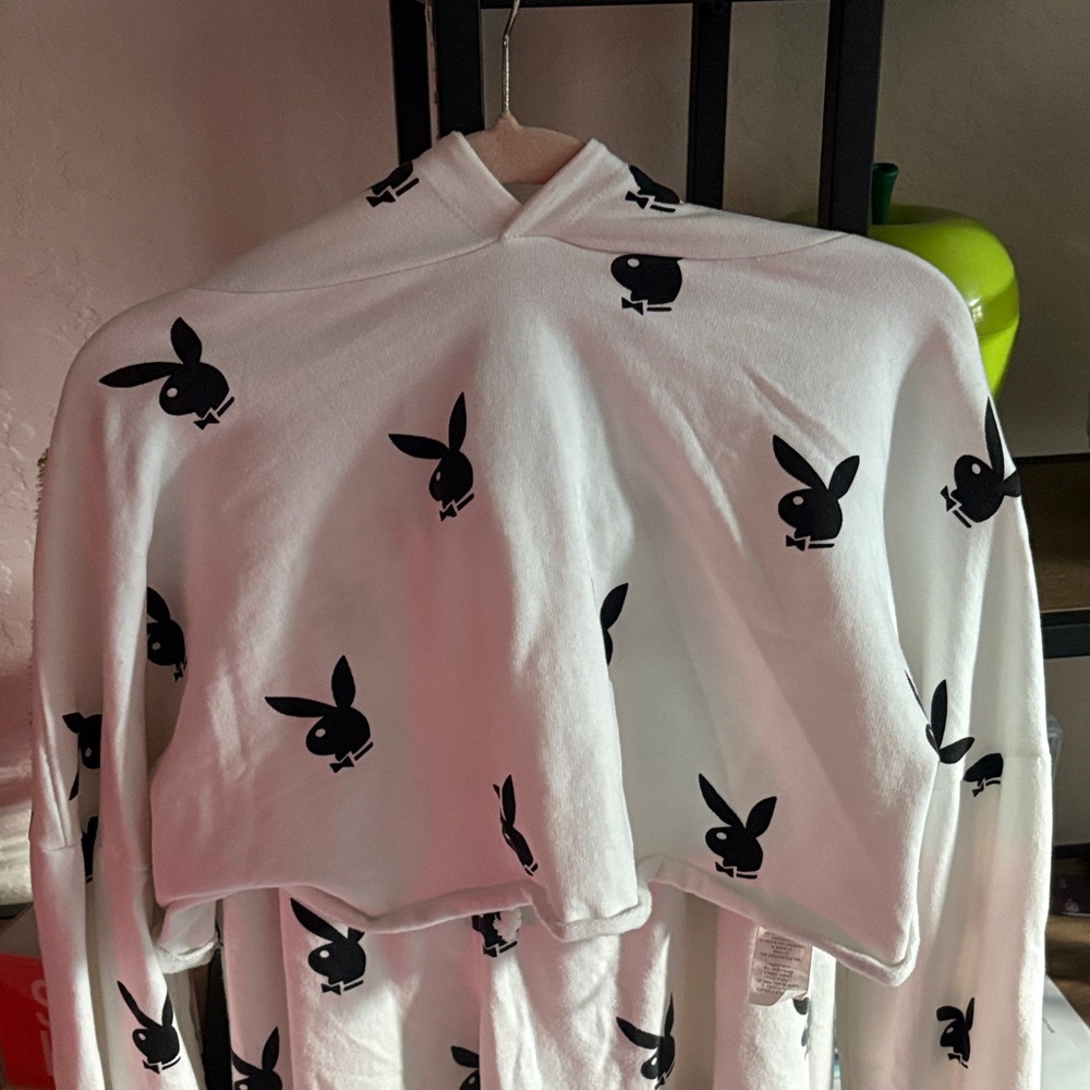 Playboy White and Black two piece cropped cozy lounge or travel set.